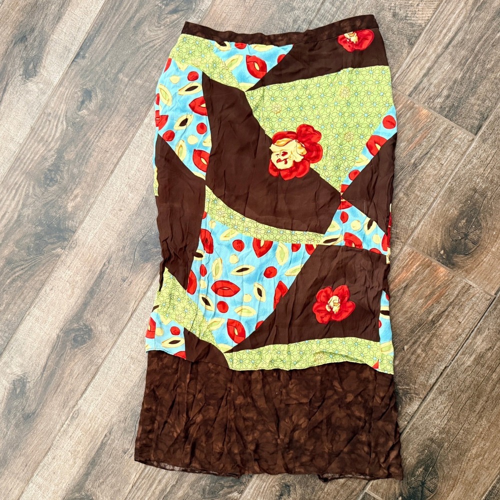 Platinum Dorothy Shoelen VTG Y2K Patchwork Floral Mesh Hem Maxi Skirt, Brown,L